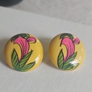 Yellow Earrings with Pink Floral Design